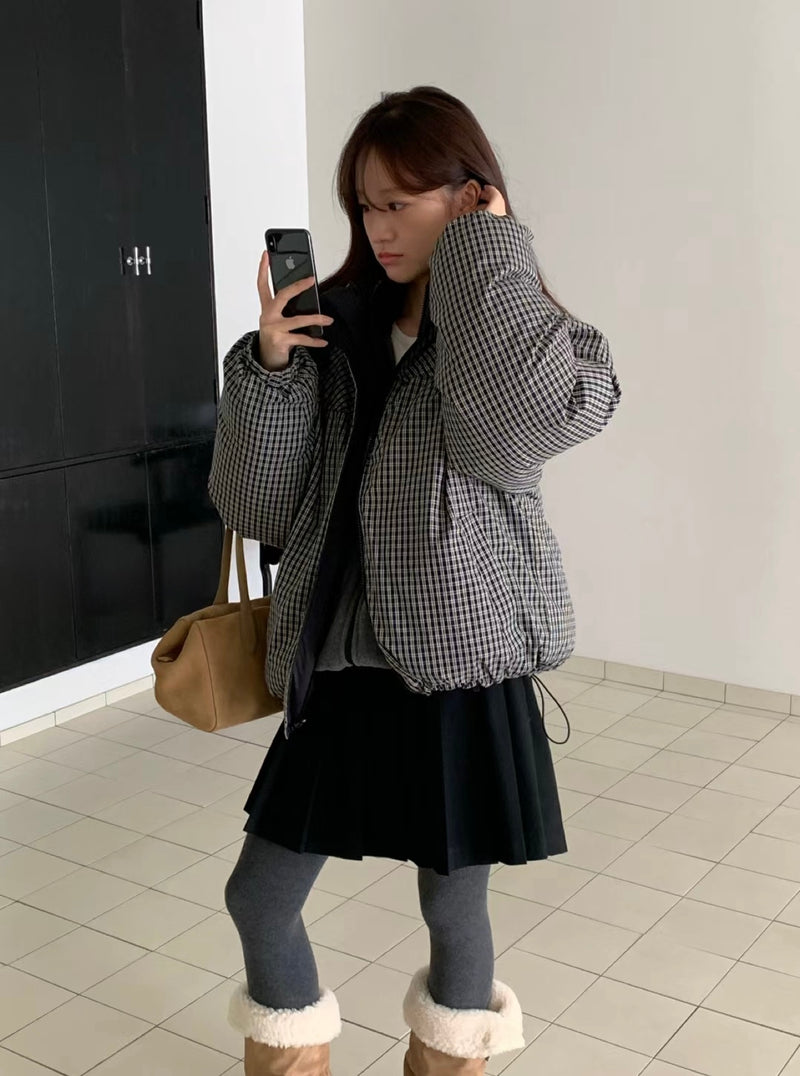 Reversible Checker Down Jacket with Drawstring