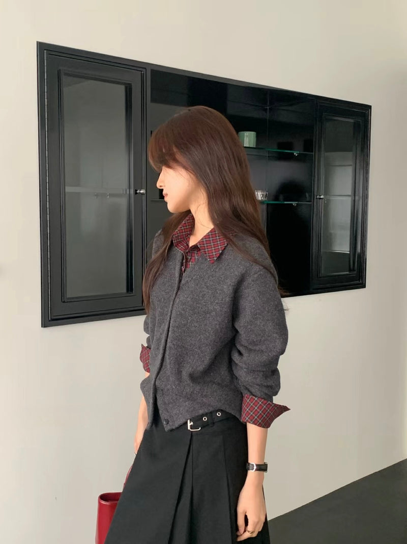 Checker Shirt Collar and Cuffs Cardigan