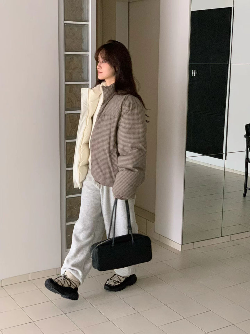 Reversible Checker Down Jacket with Drawstring