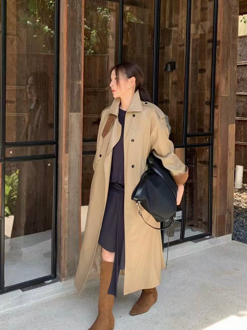 Shiny Long Trench Coat with Contrasting Cuff
