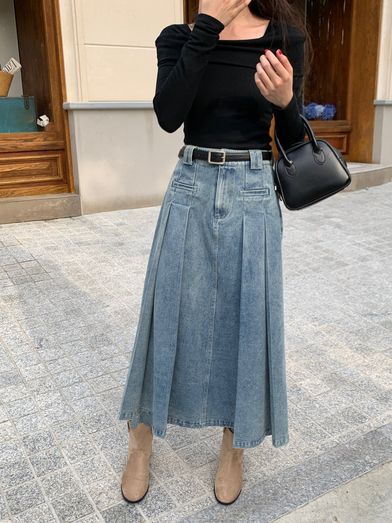 Side Pleated Denim Maxi Skirt with Belt