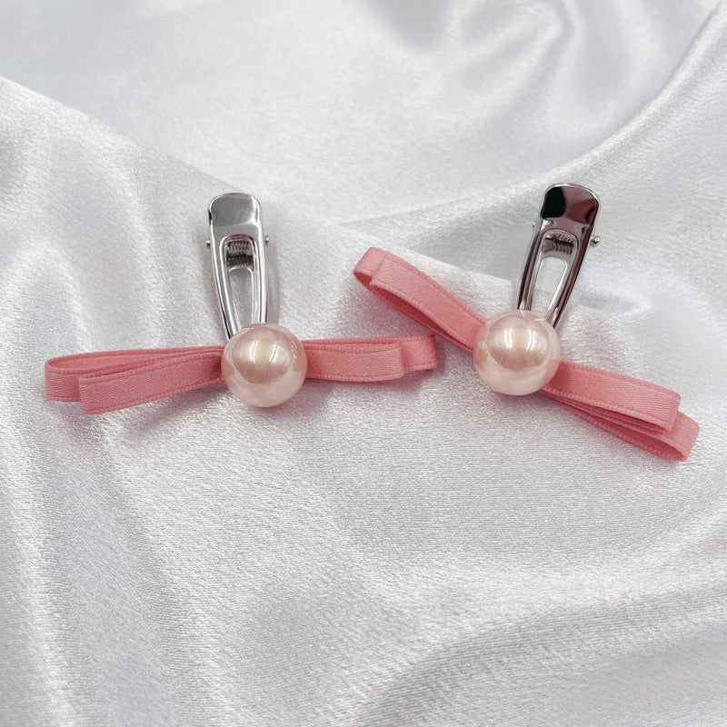 Ribbon with Big Pearl Hair Clip Set