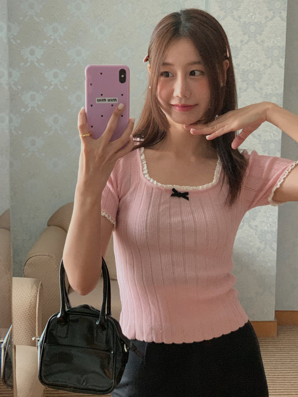 Lace Trim Square Neck Ribbed Knit Top