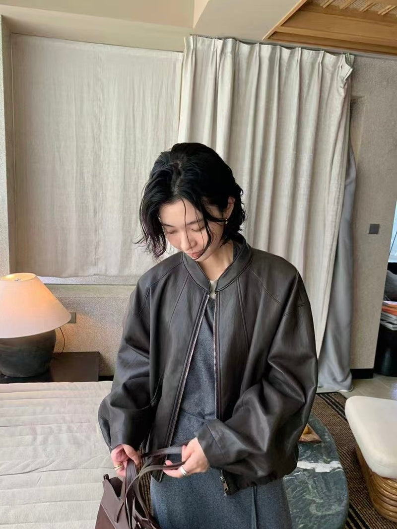 Zip Up Bomber Leather Jacket