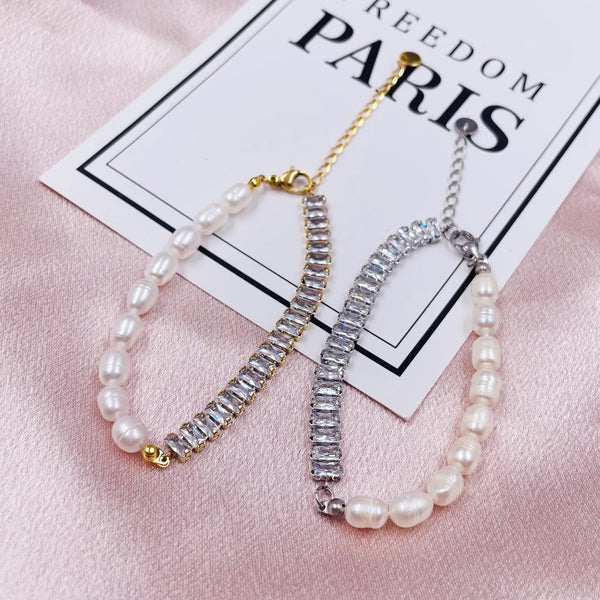Half Rectangle Rhinestones Half Pearls Bracelet
