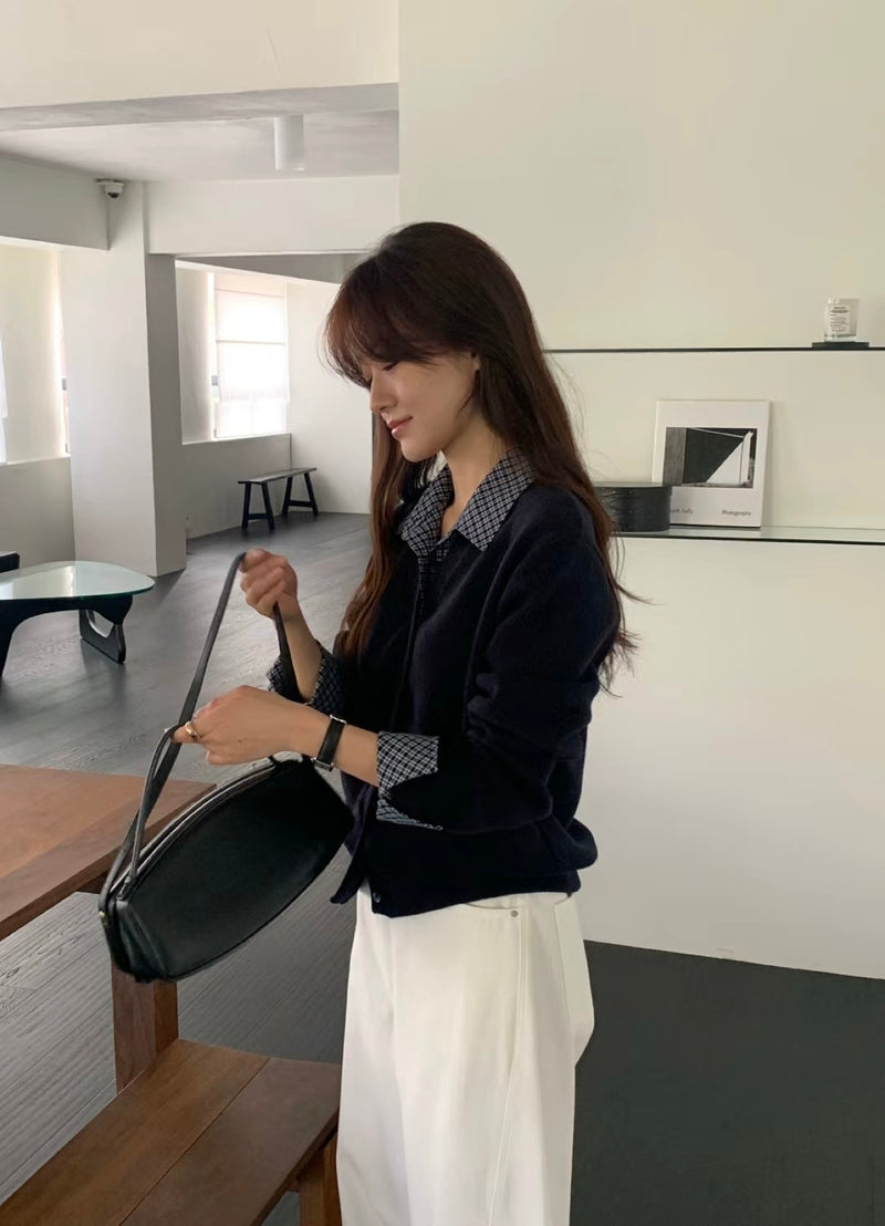 Checker Shirt Collar and Cuffs Cardigan