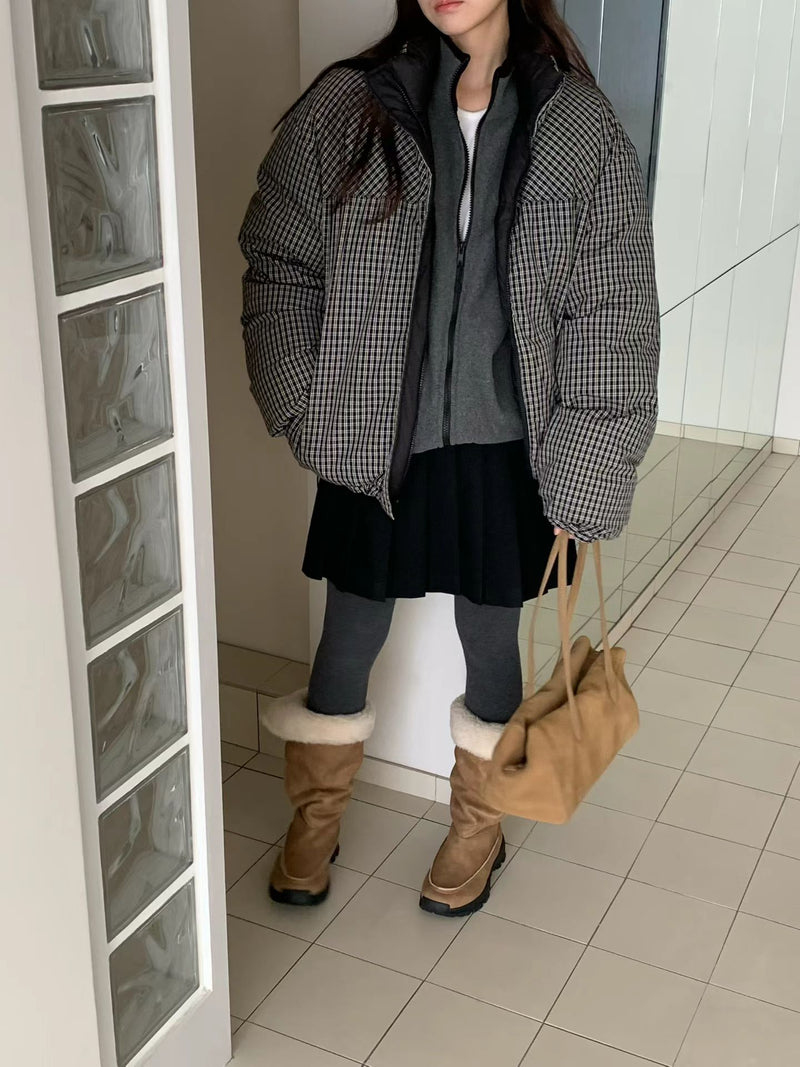 Reversible Checker Down Jacket with Drawstring