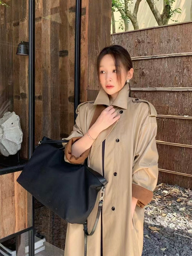 Shiny Long Trench Coat with Contrasting Cuff