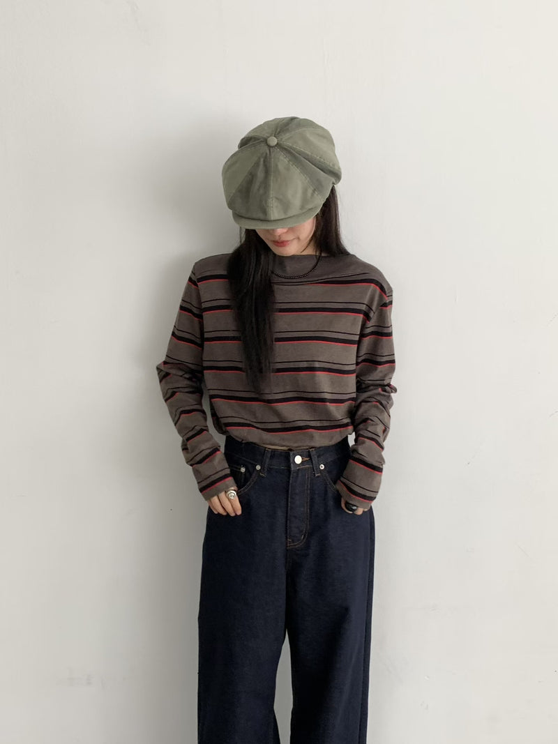 Drop Shoulder Brown and Red Stripe Sweatshirt
