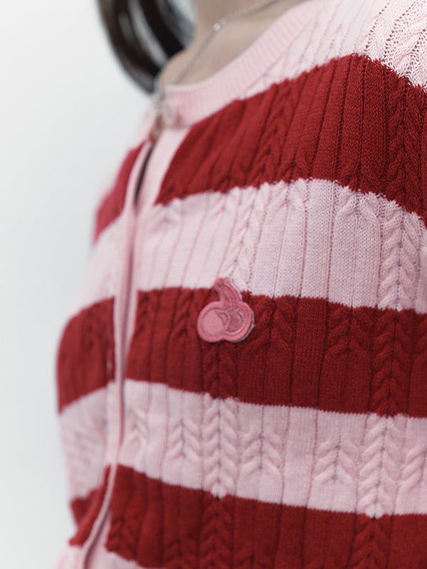 Small Cherry Cable Crop Knit Cardigan Stripe Pink