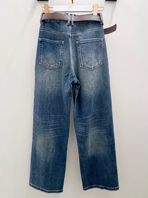 Washed Blue Straight Leg Jeans with Brown Belt