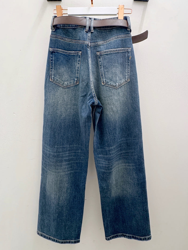 Washed Blue Straight Leg Jeans with Brown Belt