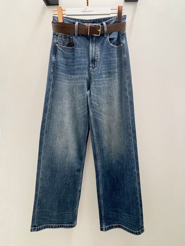 Washed Blue Straight Leg Jeans with Brown Belt