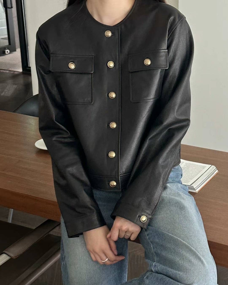 Round Neck with Gold Buttons Leather Jacket