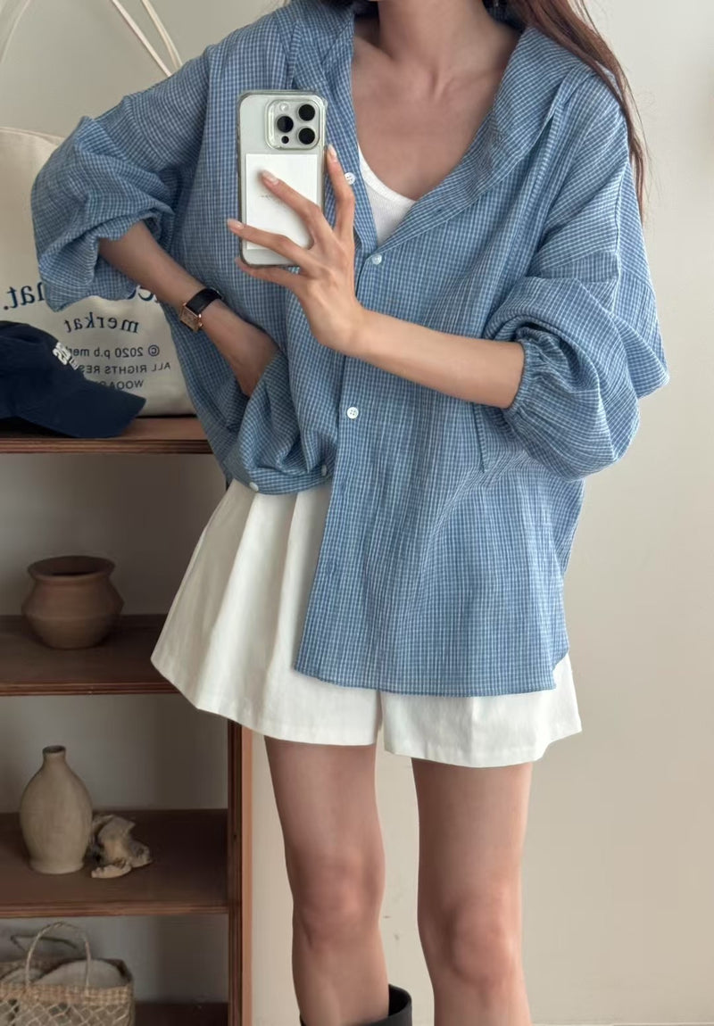 Small Checker Button Up Shirt with Hood