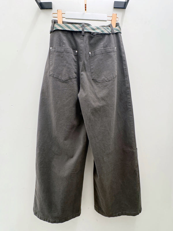 Front Pleated Super Wide Leg Pants with Scarf Belt