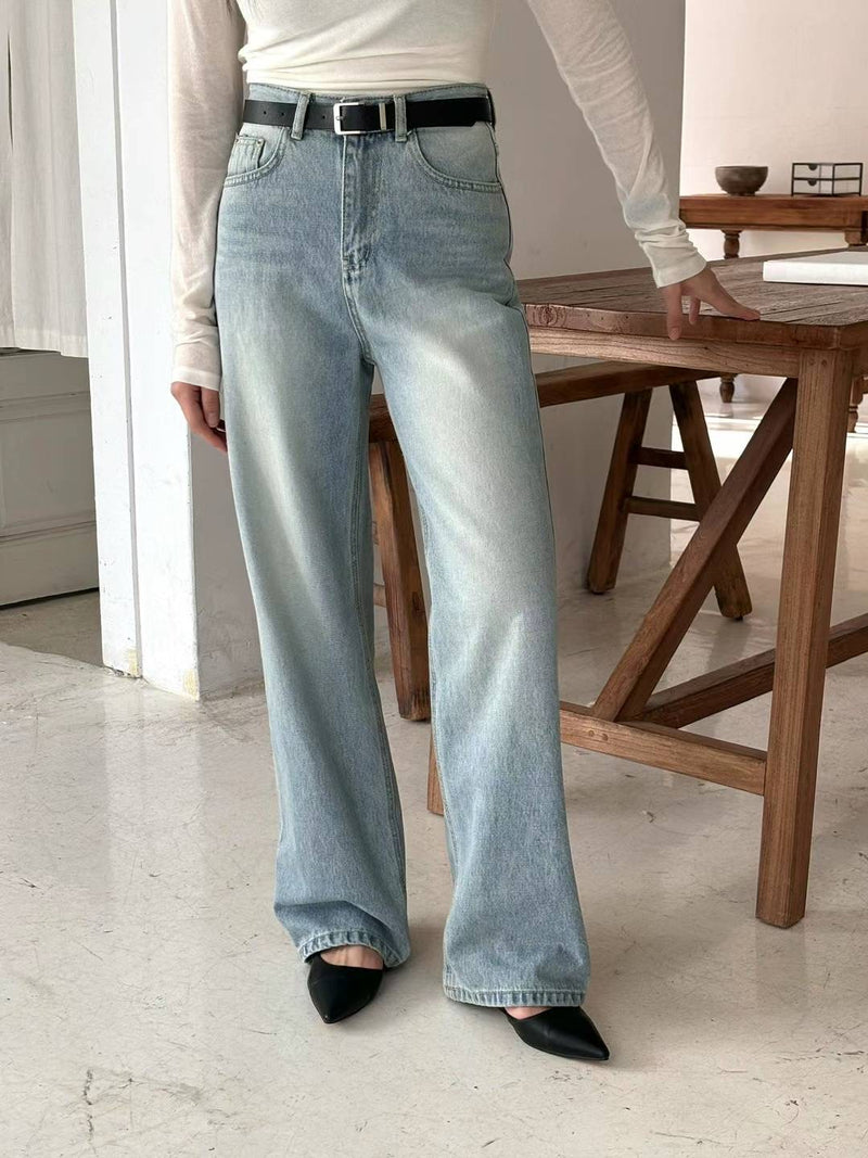 High-waisted Washed Blue Wide Leg Jeans