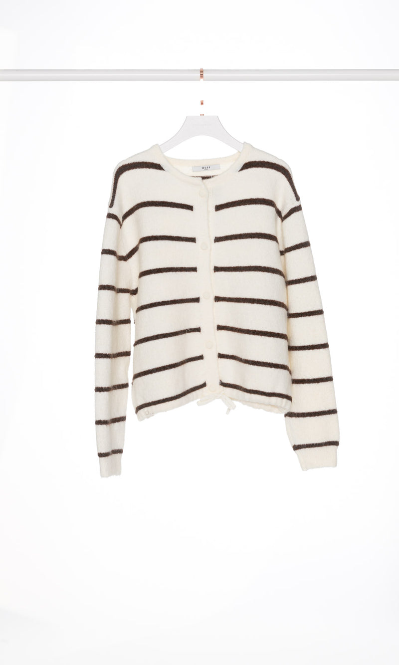 Button Up Stripe Cardigan with Drawstring