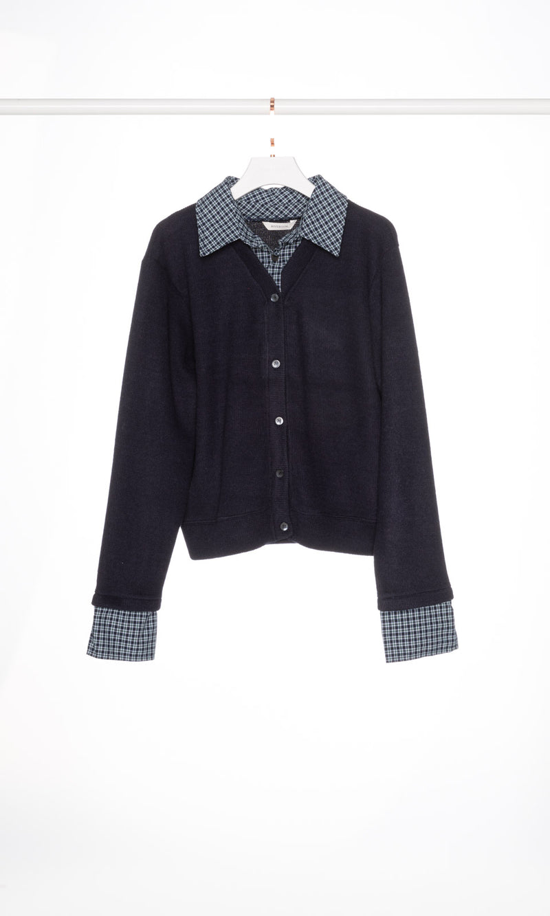Checker Shirt Collar and Cuffs Cardigan