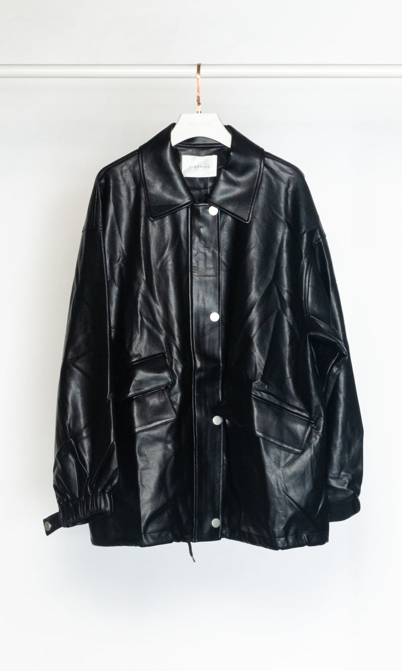 Oversized Leather Jacket with Bottom Drawstring
