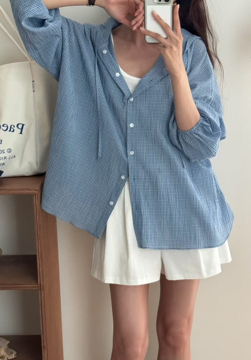 Small Checker Button Up Shirt with Hood