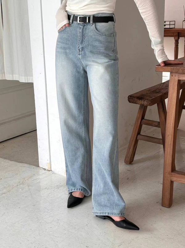 High-waisted Washed Blue Wide Leg Jeans