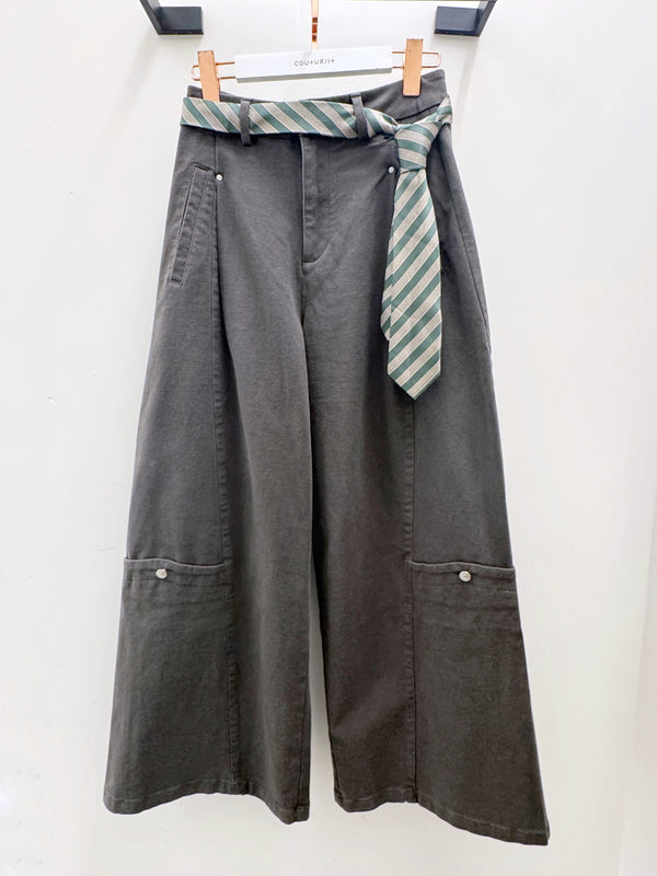 Front Pleated Super Wide Leg Pants with Scarf Belt