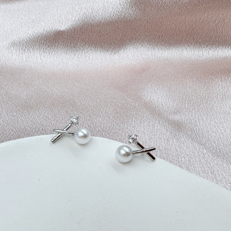 Small Cross with Rhinestone and Pearl Earrings