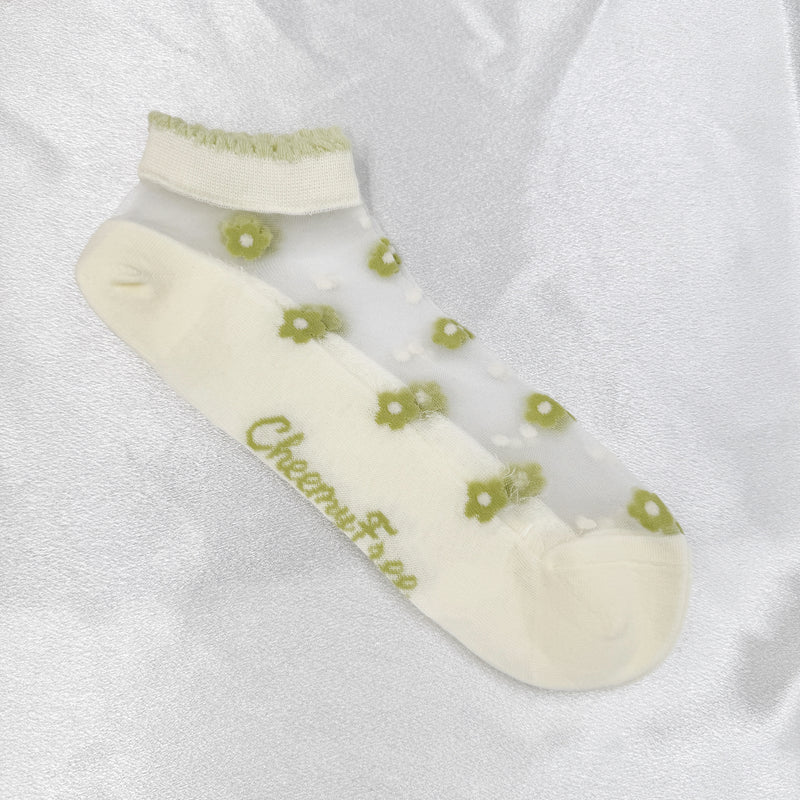 Half Tulle Green Flower Ankle Socks