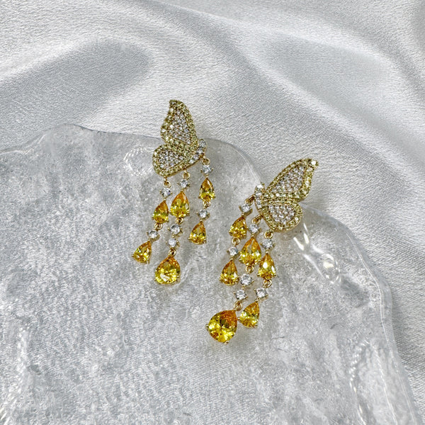 Yellow Rhinestones Butterfly Earrings