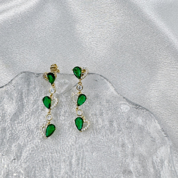 Green Rhinestone Hearts Long Earrings