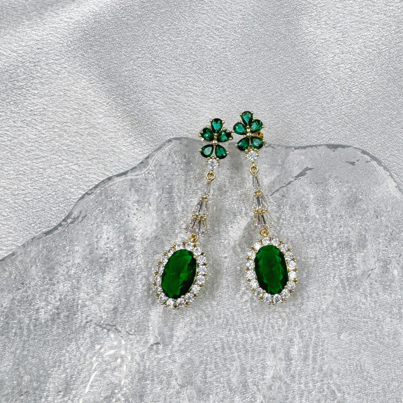 Green Oval Rhinestone Long Earrings