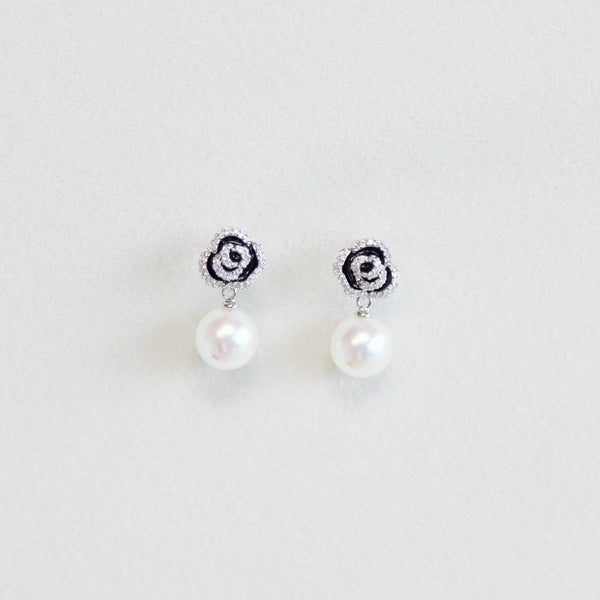 Rhinestone and Black Rose with Pearl Earrings