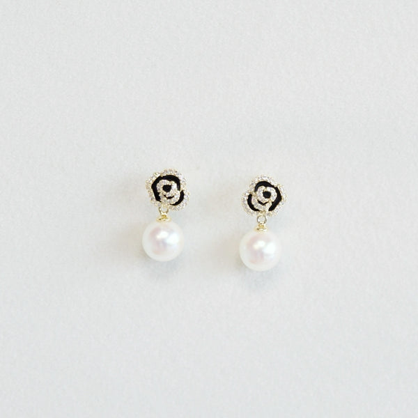 Rhinestone and Black Rose with Pearl Earrings