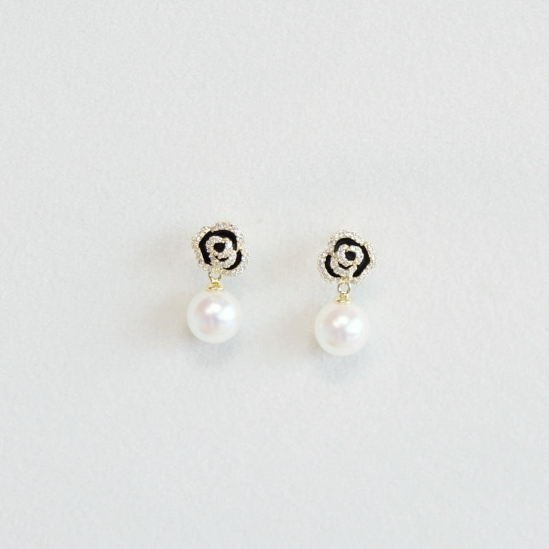 Rhinestone and Black Rose with Pearl Earrings