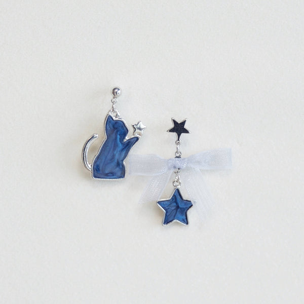Asymmetrical Blue Cat and Star Earrings