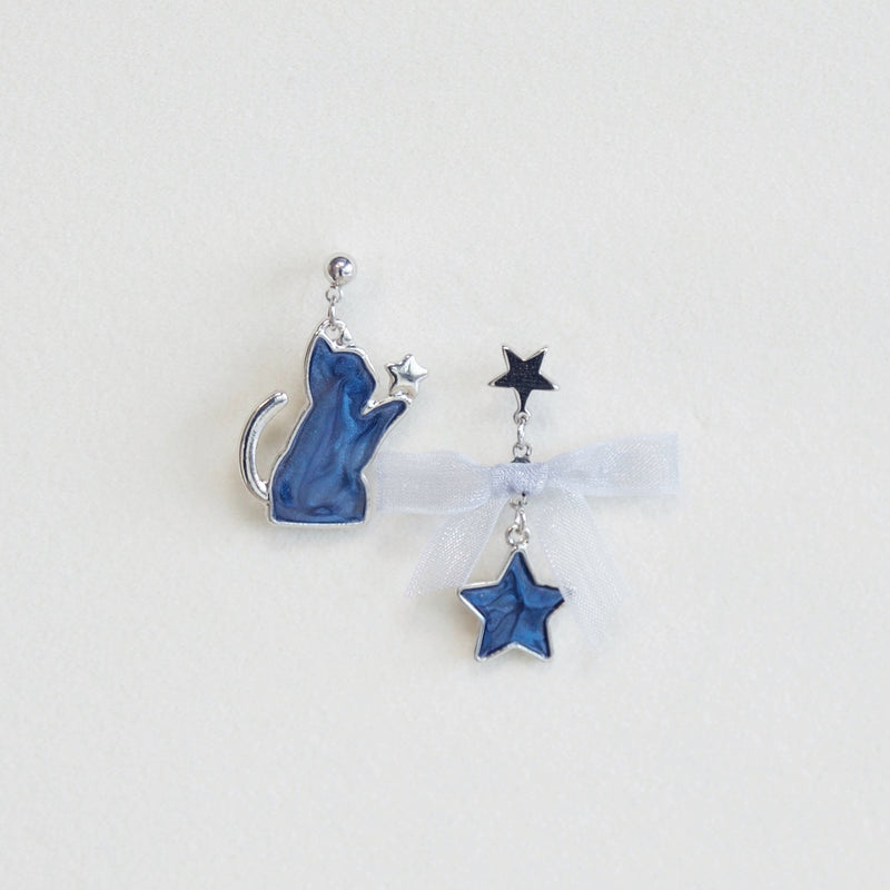 Asymmetrical Blue Cat and Star Earrings