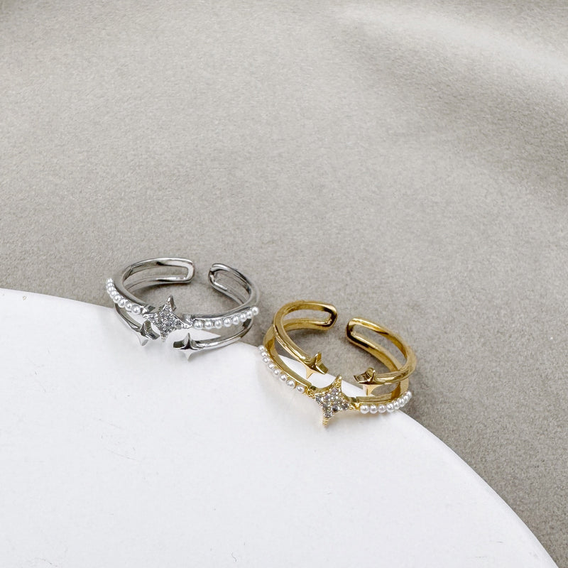 Two-layered Mini Pearls and Stars Open Ring