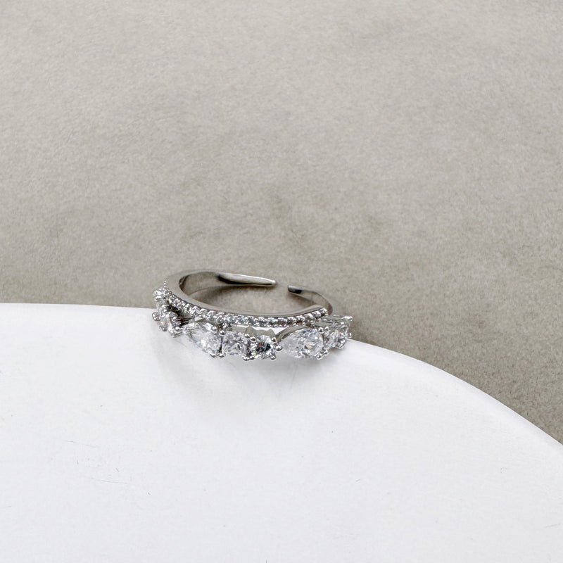 Two-layered Pear and Round Rhinestones Open Ring