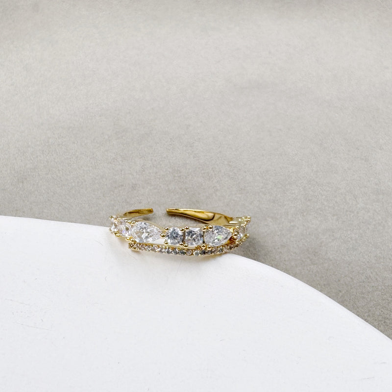 Two-layered Pear and Round Rhinestones Open Ring