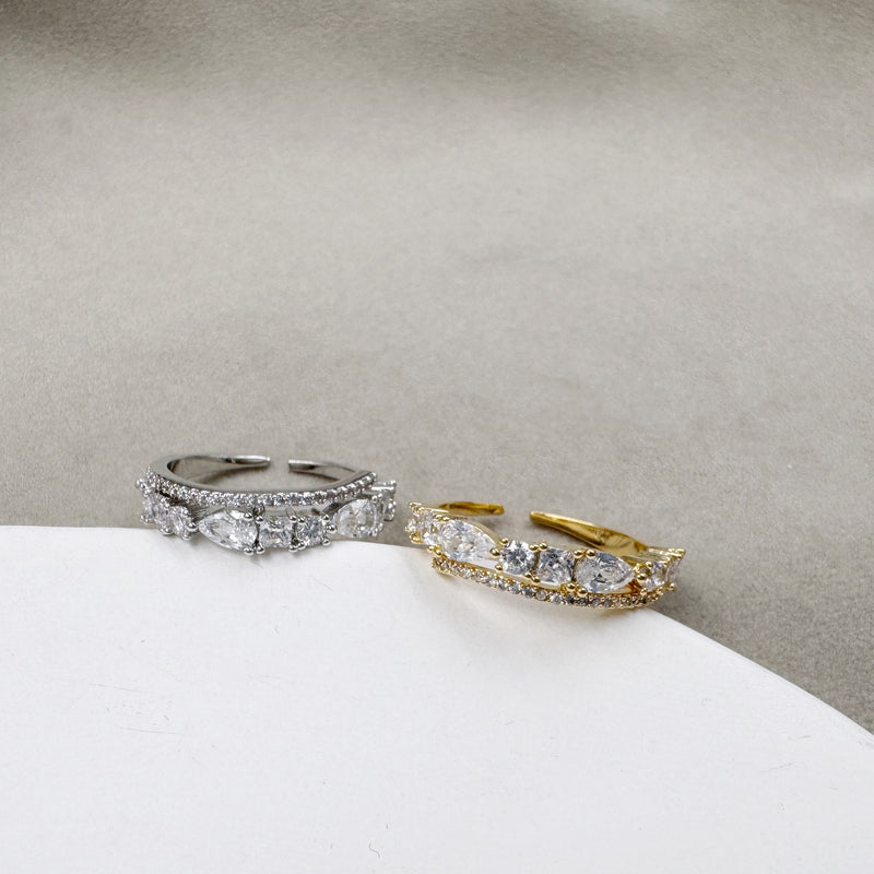 Two-layered Pear and Round Rhinestones Open Ring