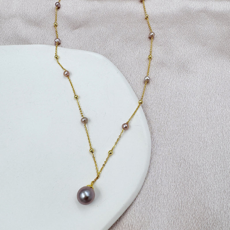 Purple Pearls with Gold Chain Necklace