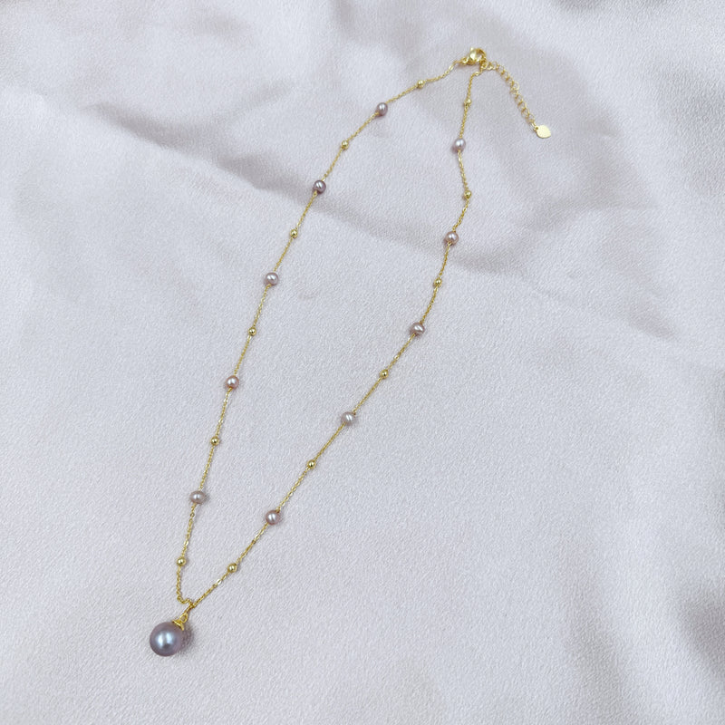 Purple Pearls with Gold Chain Necklace