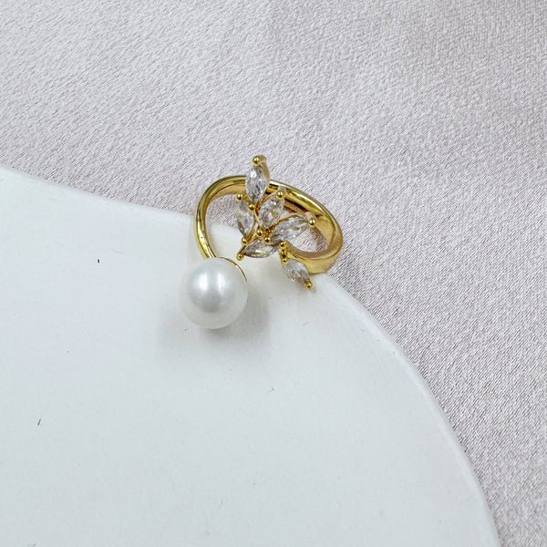 Rhinestone Leaf with Pearl Open Ring