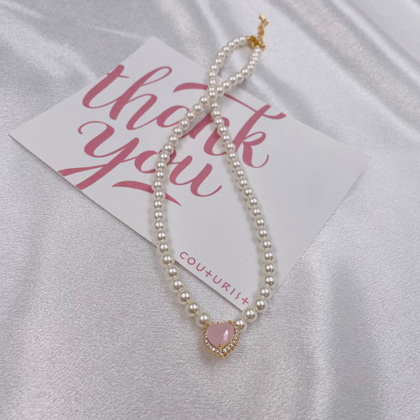 Pink Heart with Pearl Chain Necklace