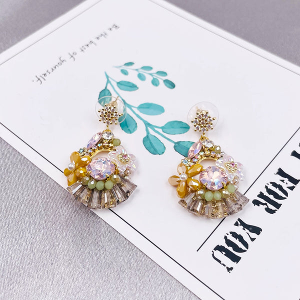 Colorful Beads and Rhinestone Flower Earrings