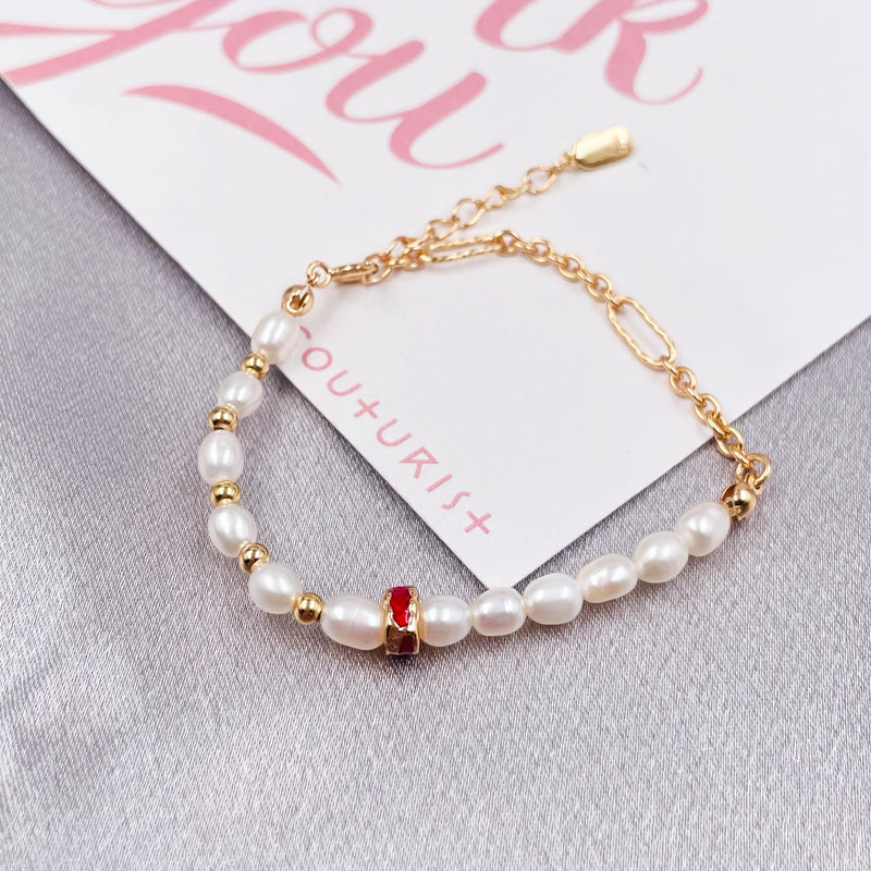 Half Pearls Half Chain with Red Hoop Bracelet