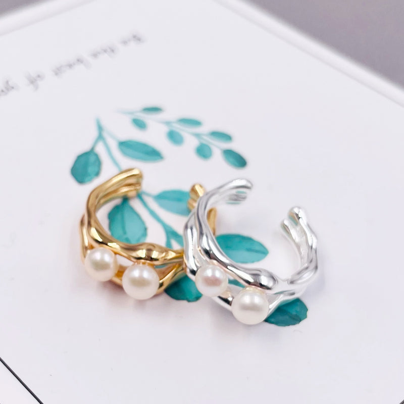 Double Pearls with Wavy Band Open Ring