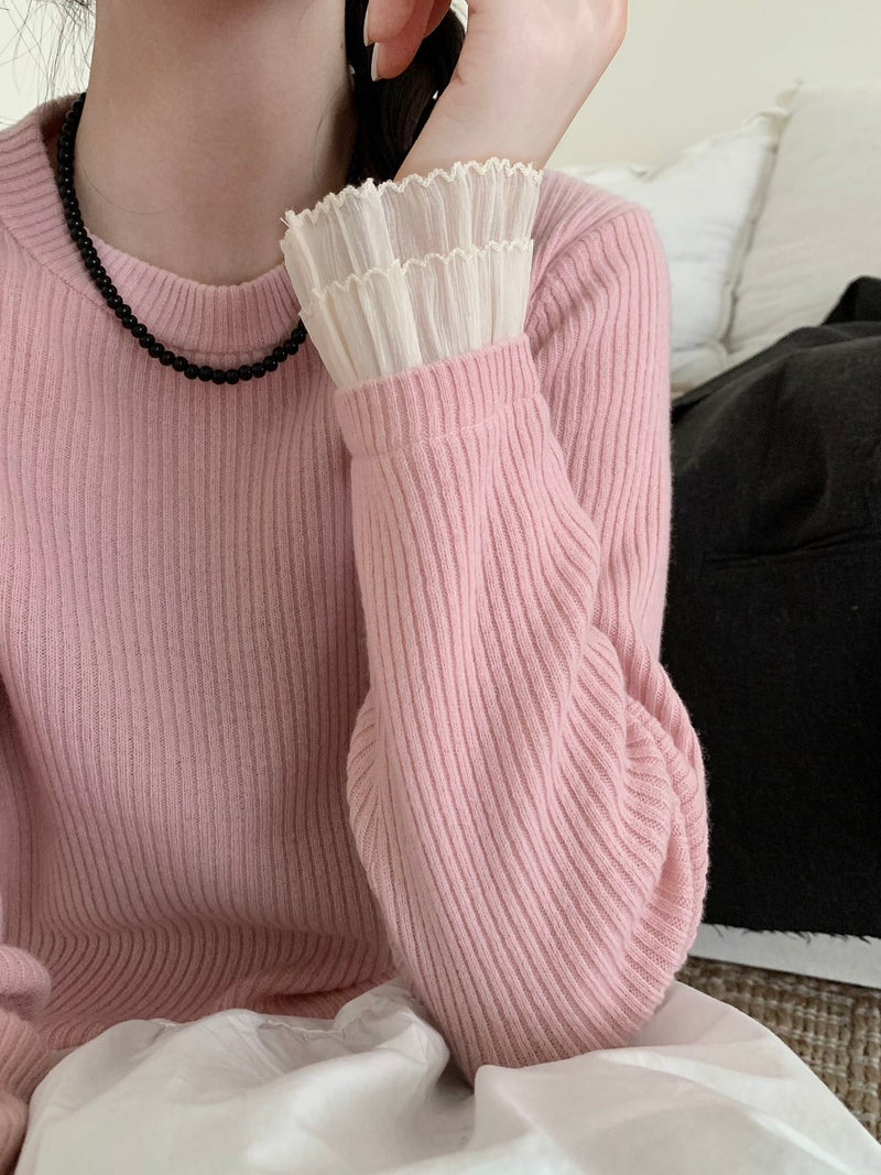 Ruffle Tulle Cuffs Ribbed Sweater