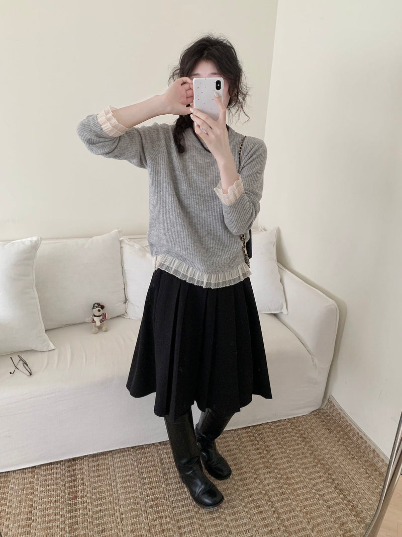 Ruffle Tulle Cuffs Ribbed Sweater